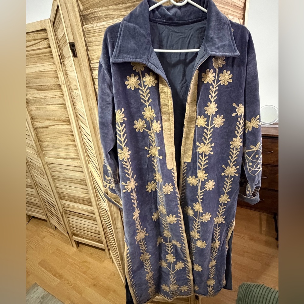Hand Crafted Navy Coat with Gold Floral Embroidery . New